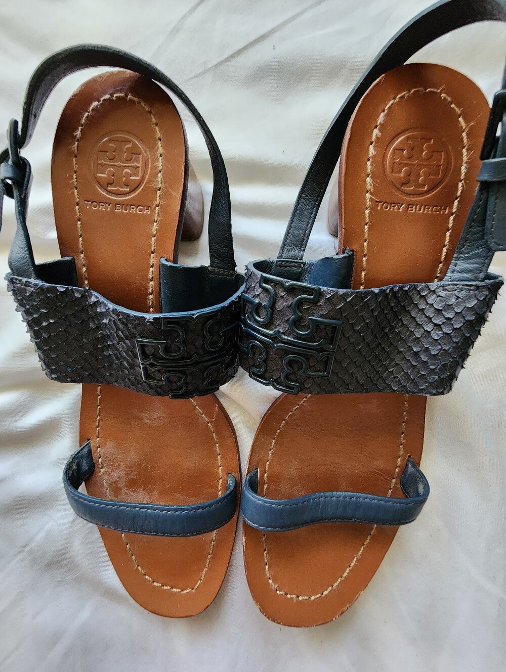 Tory Burch Lowell 2 Snakeprint Blue Sandals. Size 7.5